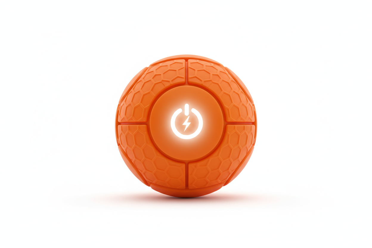 “Orange smart interactive pet ball for dogs and cats, silicone textured surface with glowing power button icon, centered on a pure white studio background, soft clean shadows, ultra-sharp details, commercial product photography, no text, no pets.”