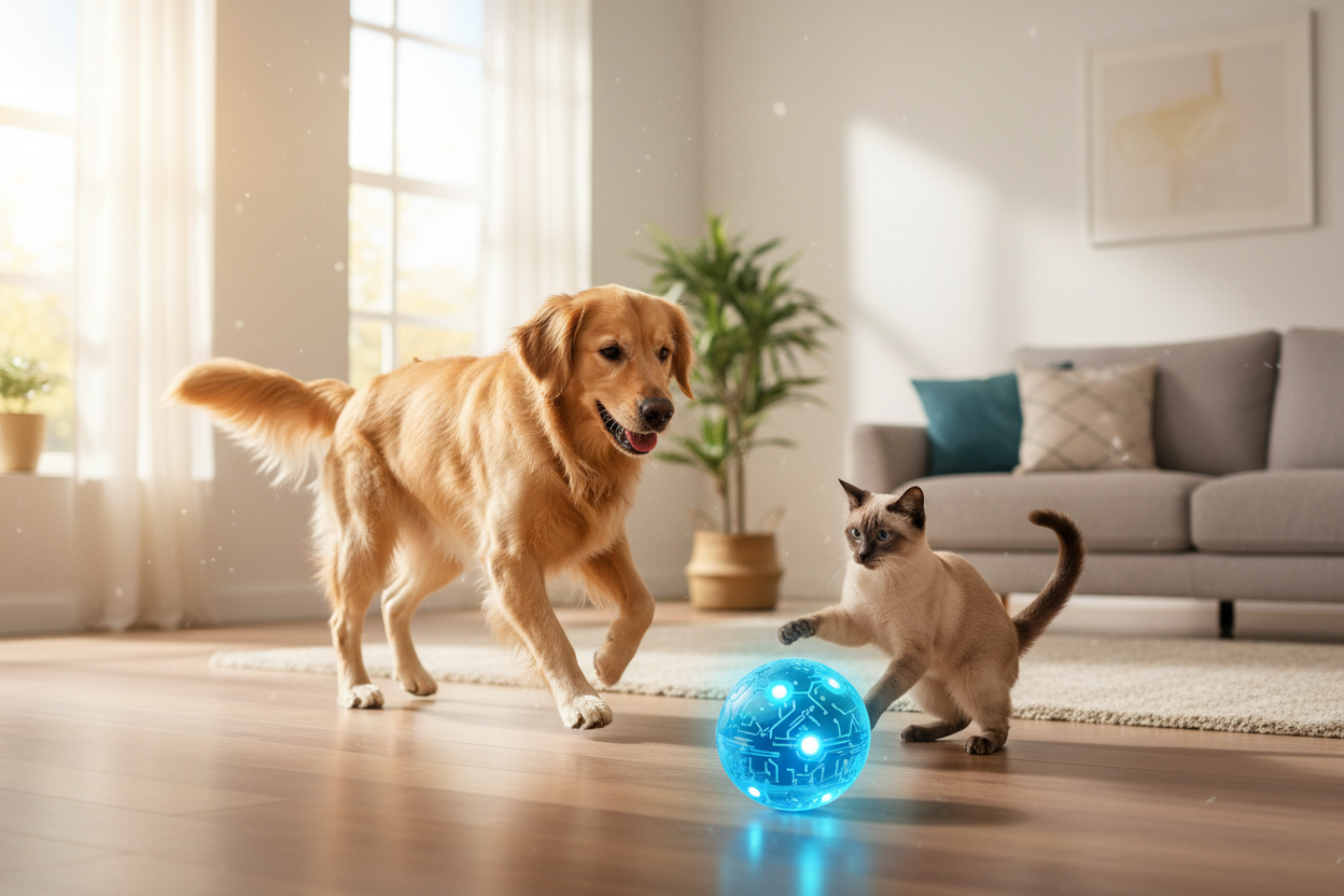 PET DOG AND CAT PLAYINH WITH A blue smart interactive pet ball