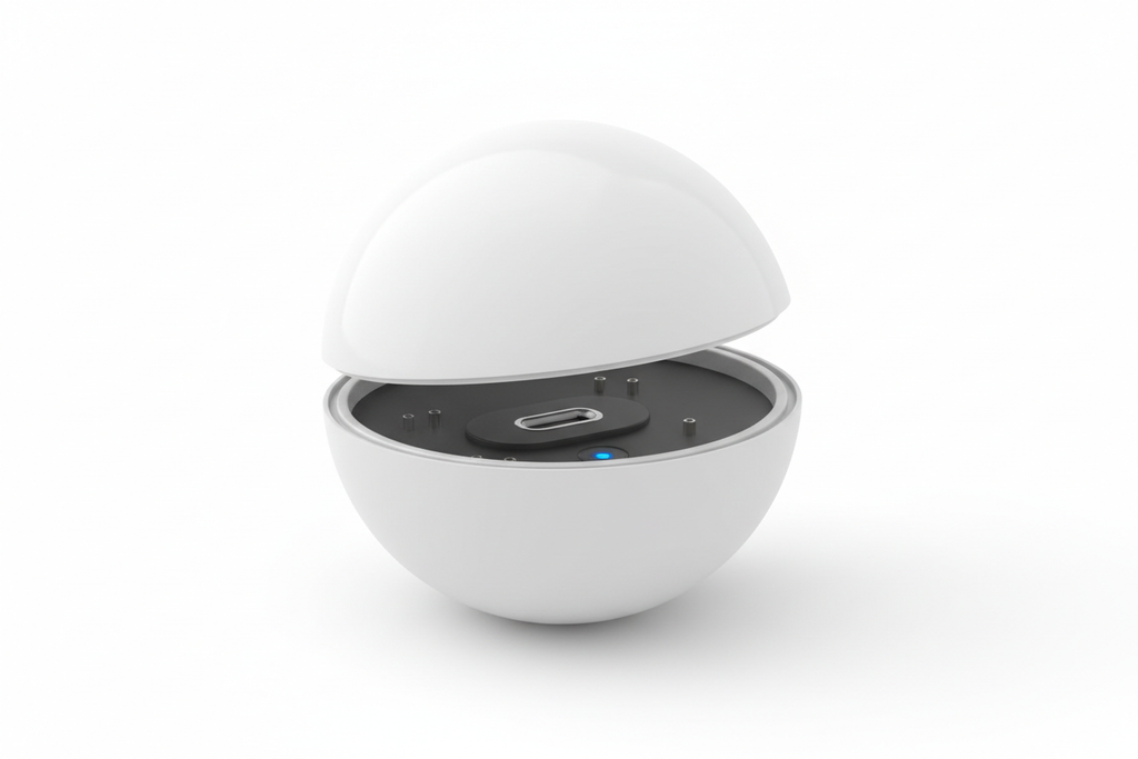 Prompt:
“Smart pet ball opened to show USB Type-C charging port inside. Clean white background, minimalistic tech product photography, high resolution, no text, no hands, no extra objects.”