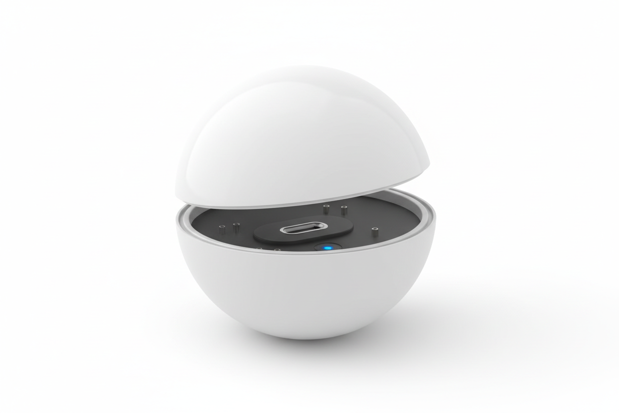 Prompt:
“Smart pet ball opened to show USB Type-C charging port inside. Clean white background, minimalistic tech product photography, high resolution, no text, no hands, no extra objects.”