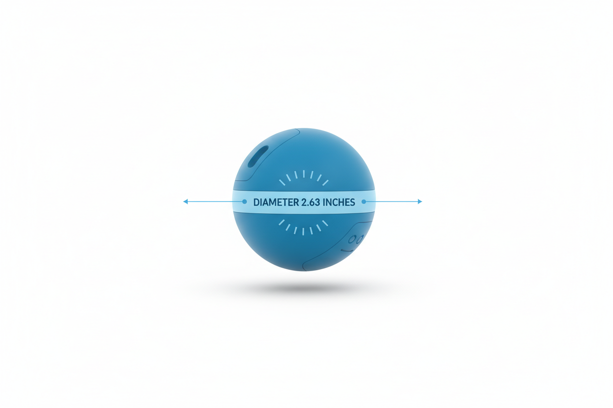 Prompt:
(Use this to recreate the “2.63 in” style image but clean and consistent)

“Blue smart pet ball shown with clean measurement lines indicating diameter 2.63 inches, pure white background, minimal modern infographic style, soft shadows, premium packaging design aesthetic, no pets.”